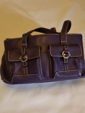 Tommy Hilfiger Purple Leather Tote with Front Buckle Pockets